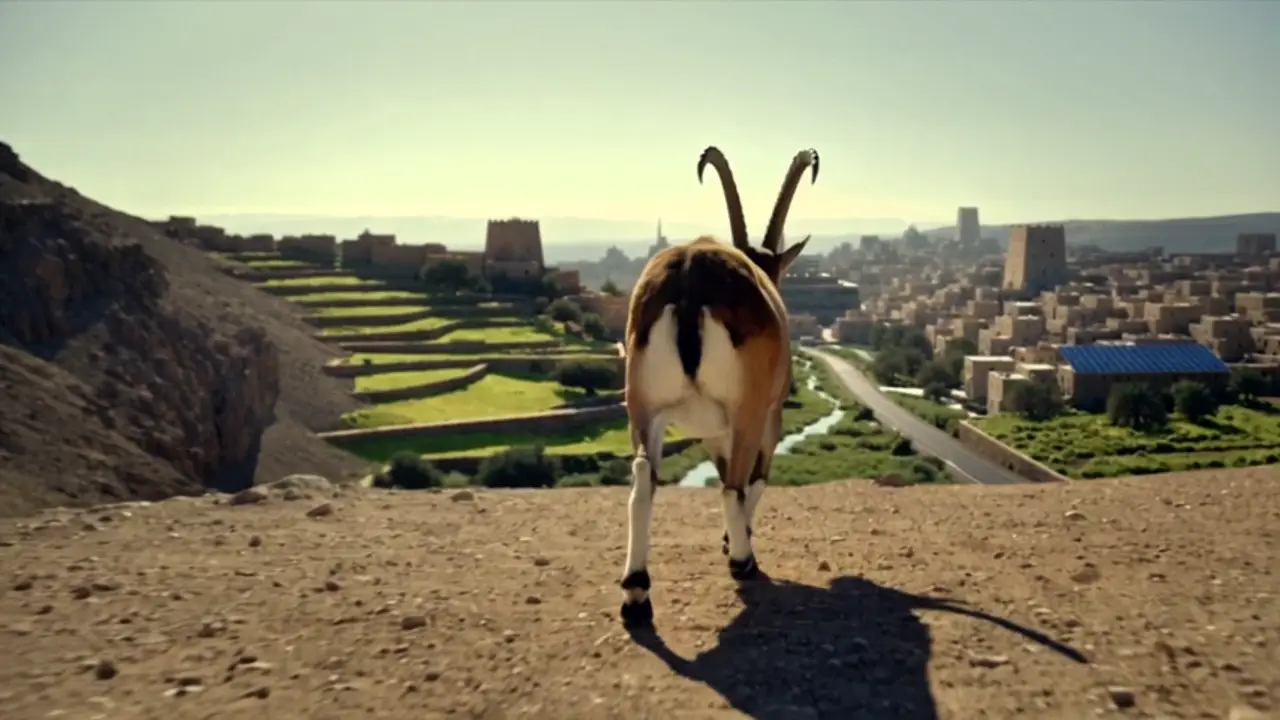 The ibex looking out over a green Yemeni valley and a modern town