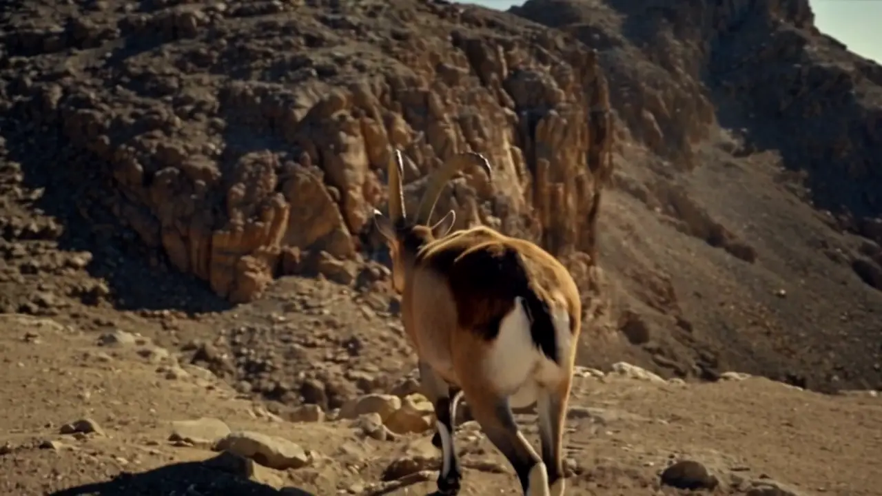 The ibex climbing a steep orange cliff