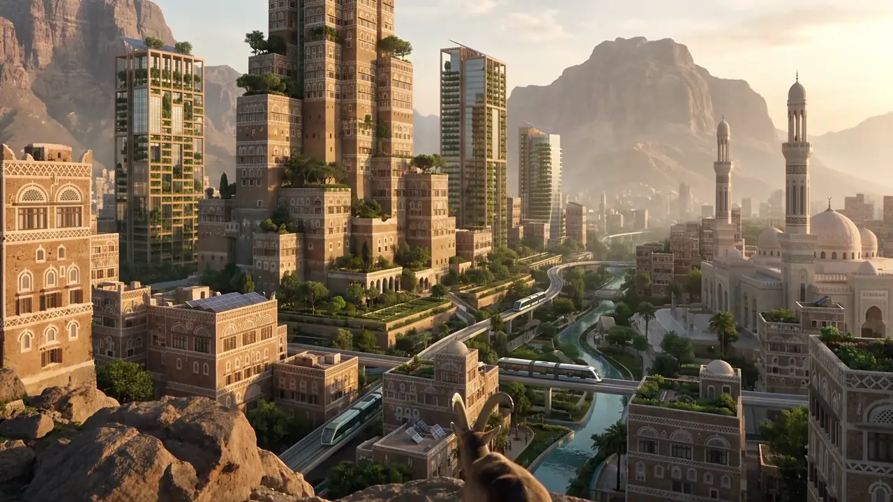 The ibex at the summit with a futuristic city of light, Sana'a, ahead